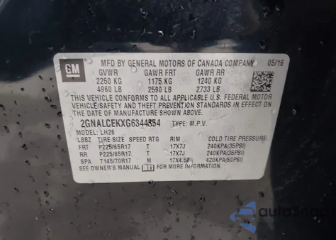 2016 Chevrolet Equinox Lt from USA, damaged, VIN 2GNALCEKXG6344354